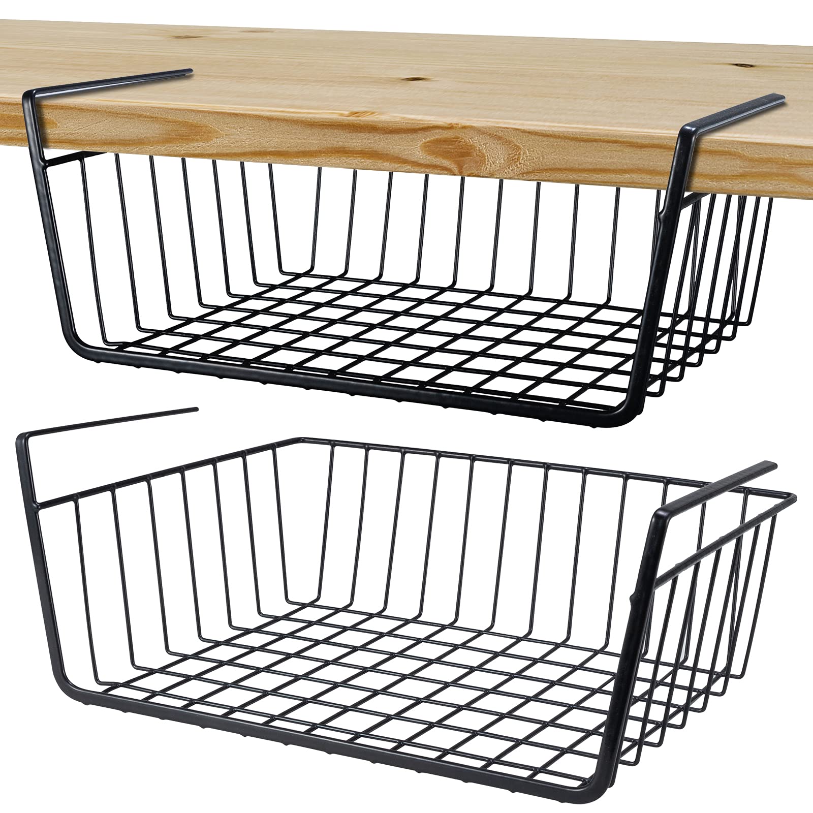 ELEATTRUN undershelf basket enables pantry organization with easy over-shelf access.