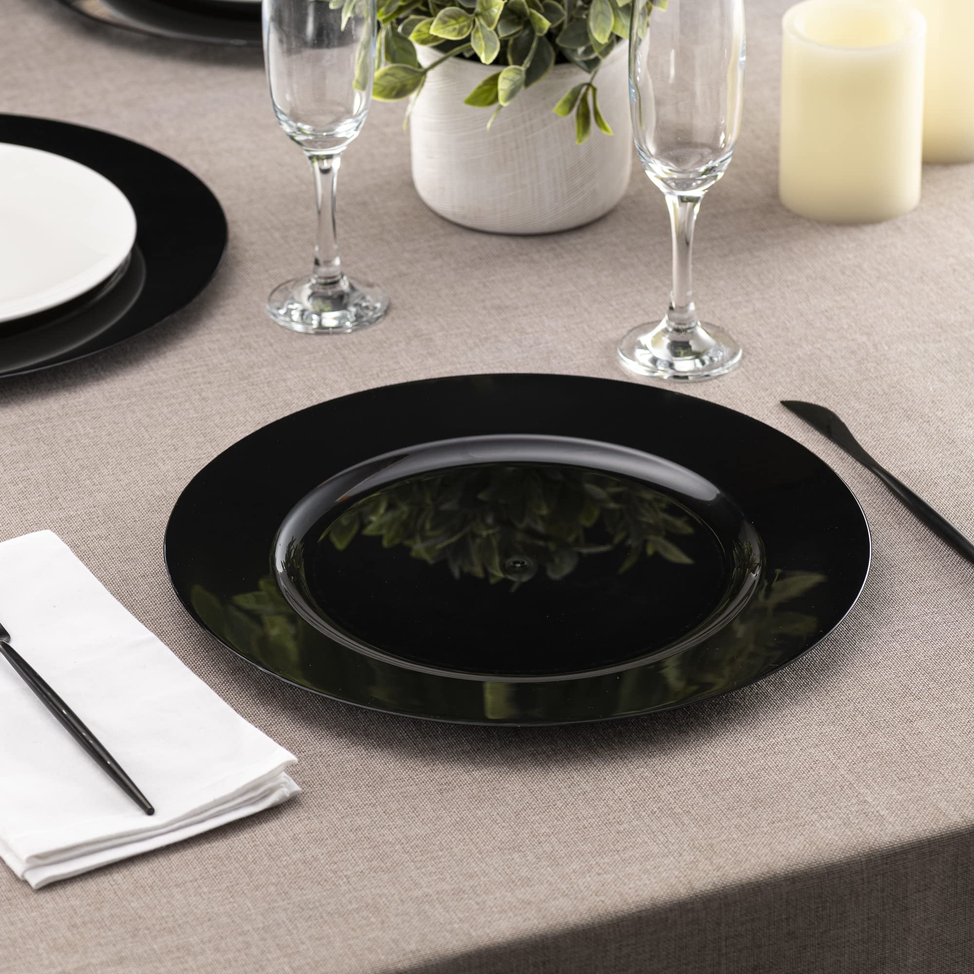 Elegant Disposables 13-inch charger plate on table protects linens and simplifies cleanup
