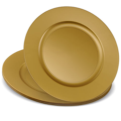ELEGANT DISPOSABLES 13-inch gold charger plate on table for upscale settings.