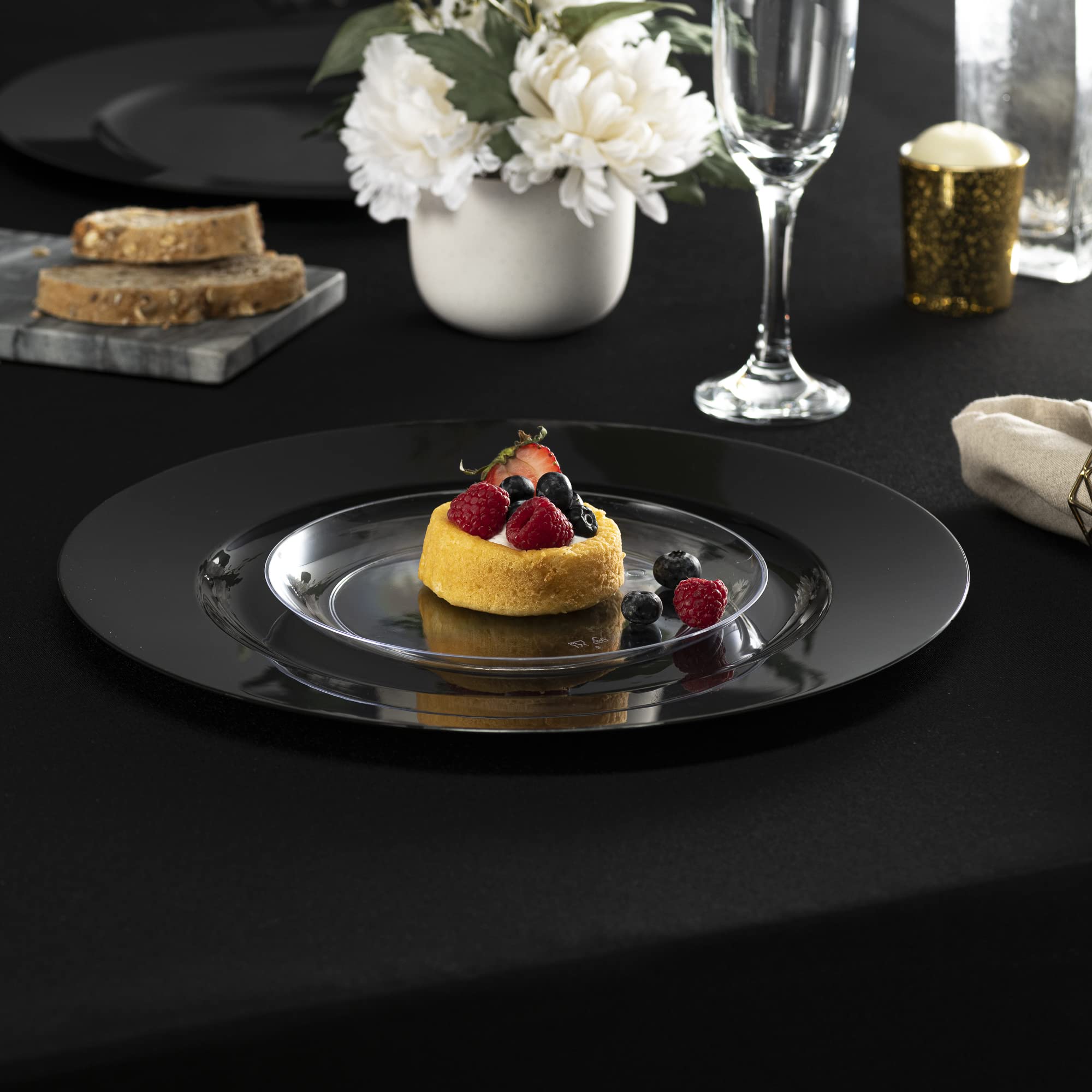 Elegant Disposables black serving platter showcased for appetizers and hors d'oeuvres