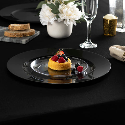 Elegant Disposables black serving platter showcased for appetizers and hors d'oeuvres