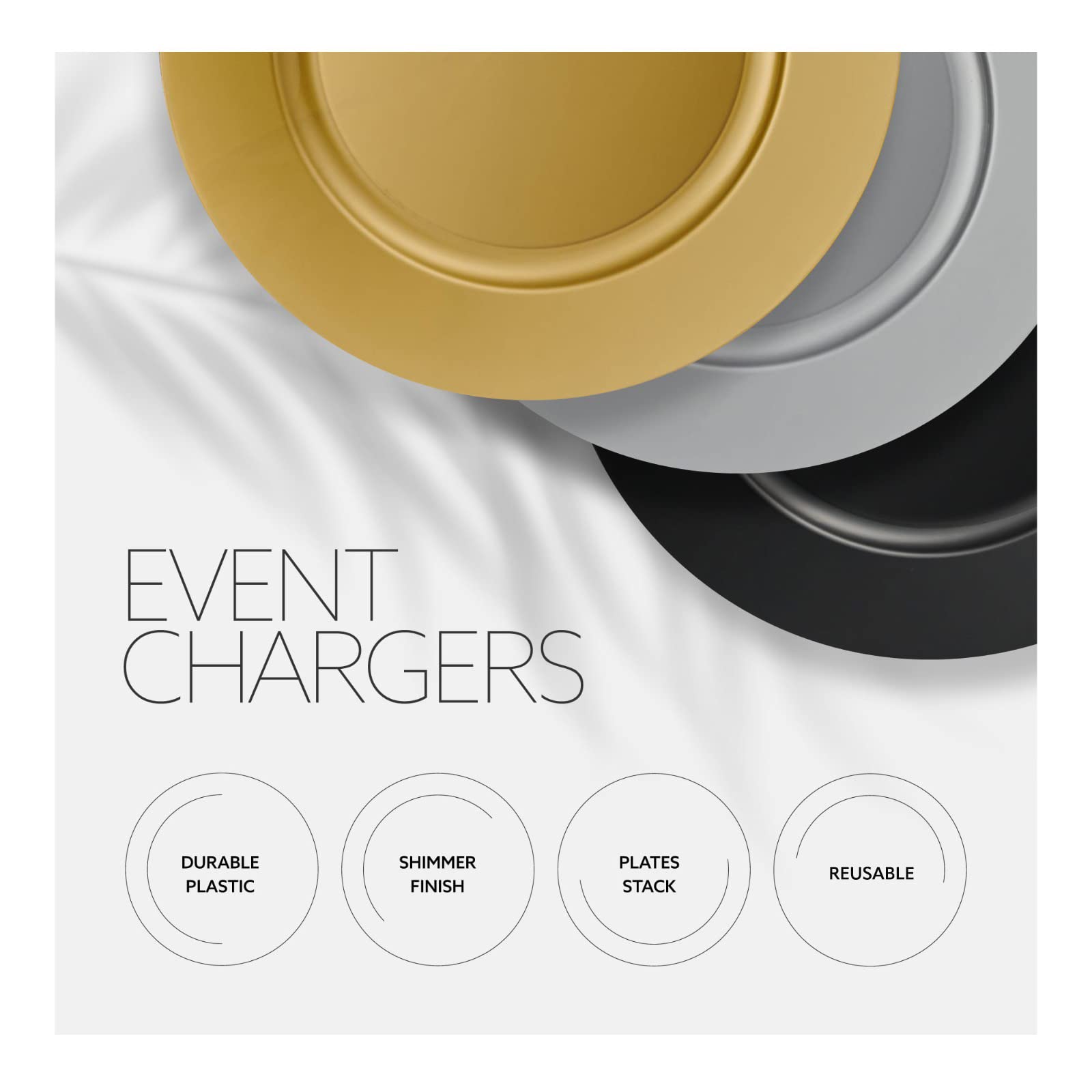 Elegant Disposables wedding reception setup with black chargers creates elegant ambience