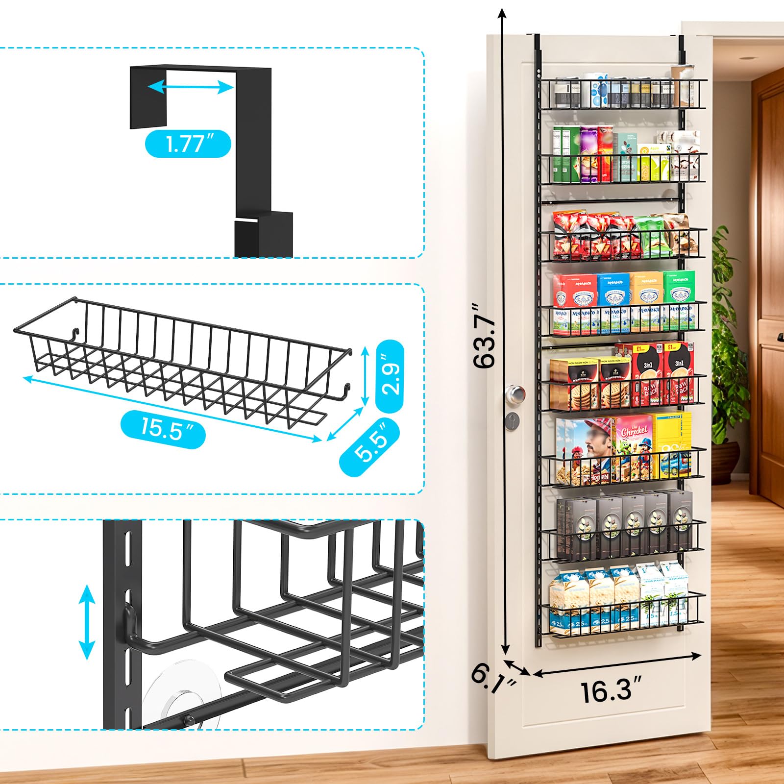 ElegantArray 8-Tier Door Organizer side view with adjustable basket heights