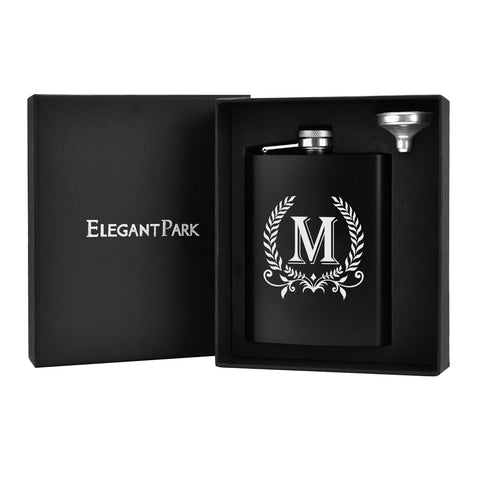 ELEGANTPARK monogram gift hip flask highlighting initials and a subtle branch design.