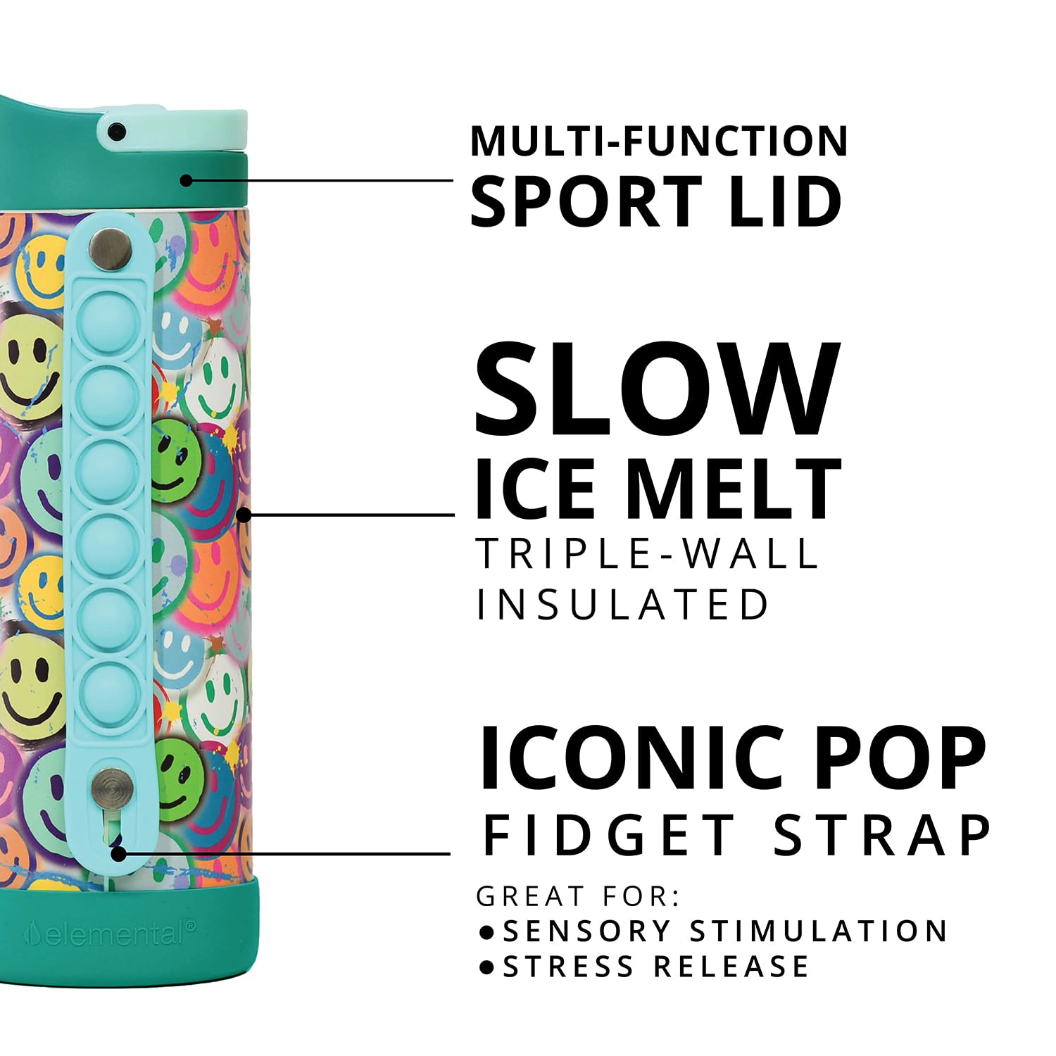 Elemental Iconic Kids Water Bottle stays cold up to 24 hours during the day