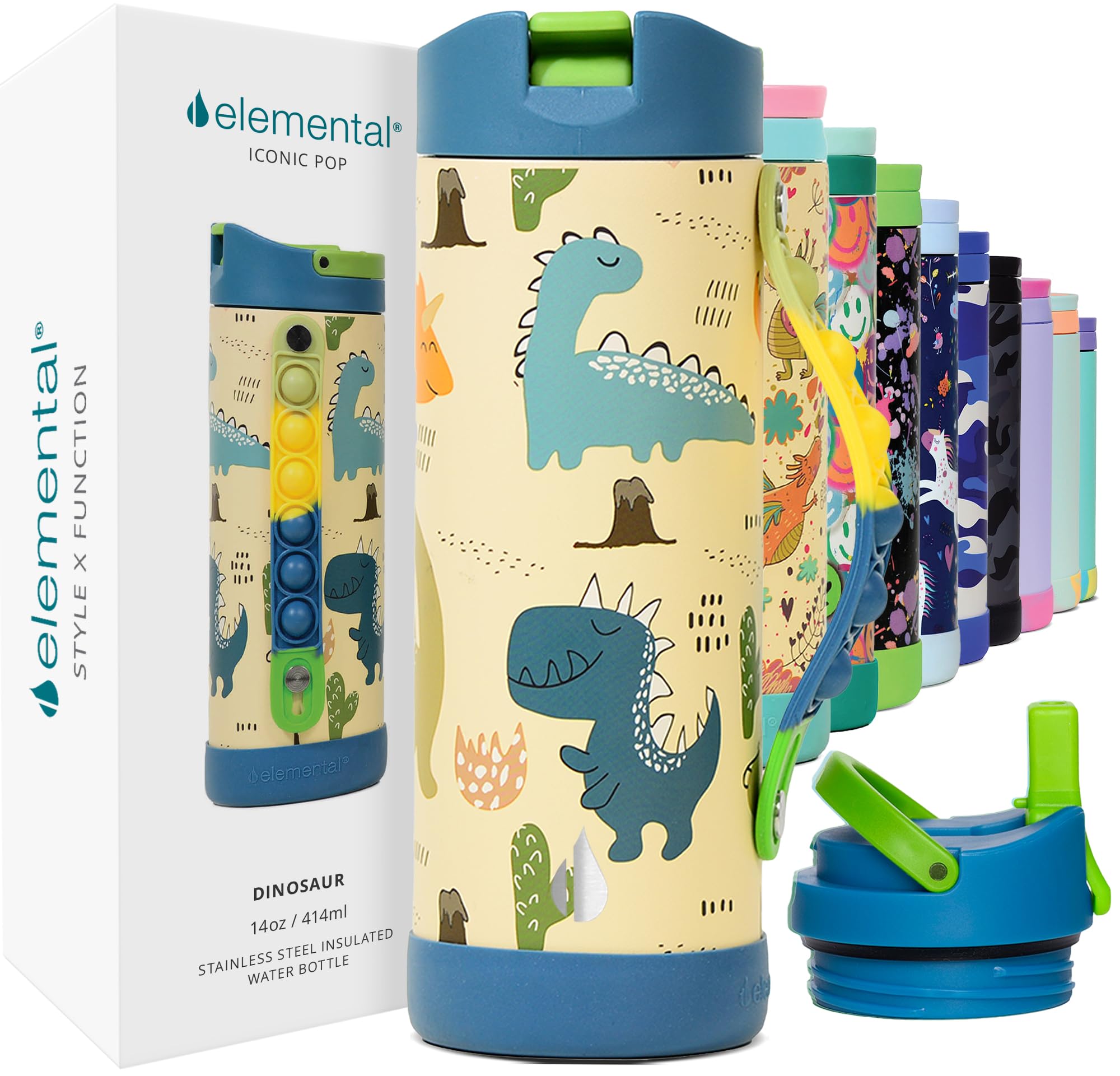 Elemental Iconic dinosaur bottle with pop-it handle for focused play during learning