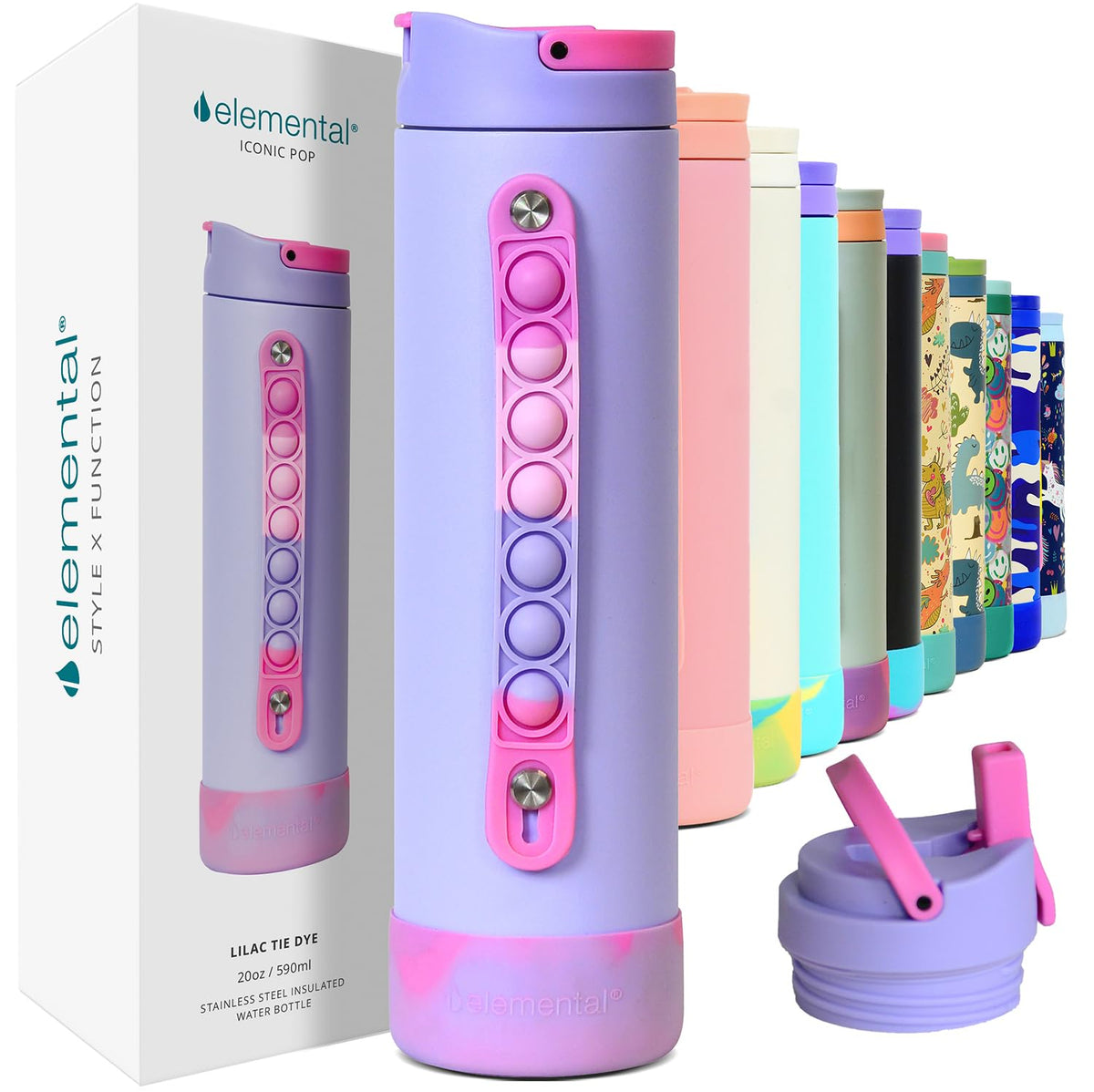 Elemental Iconic Kids Water Bottle Lilac Tie Dye with leak-proof straw lid for school.