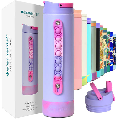 Elemental Iconic Kids Water Bottle Lilac Tie Dye with leak-proof straw lid for school.