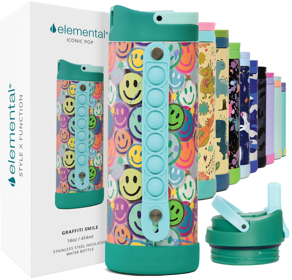 Elemental Iconic Kids Water Bottle with Pop-It Handle in action for class