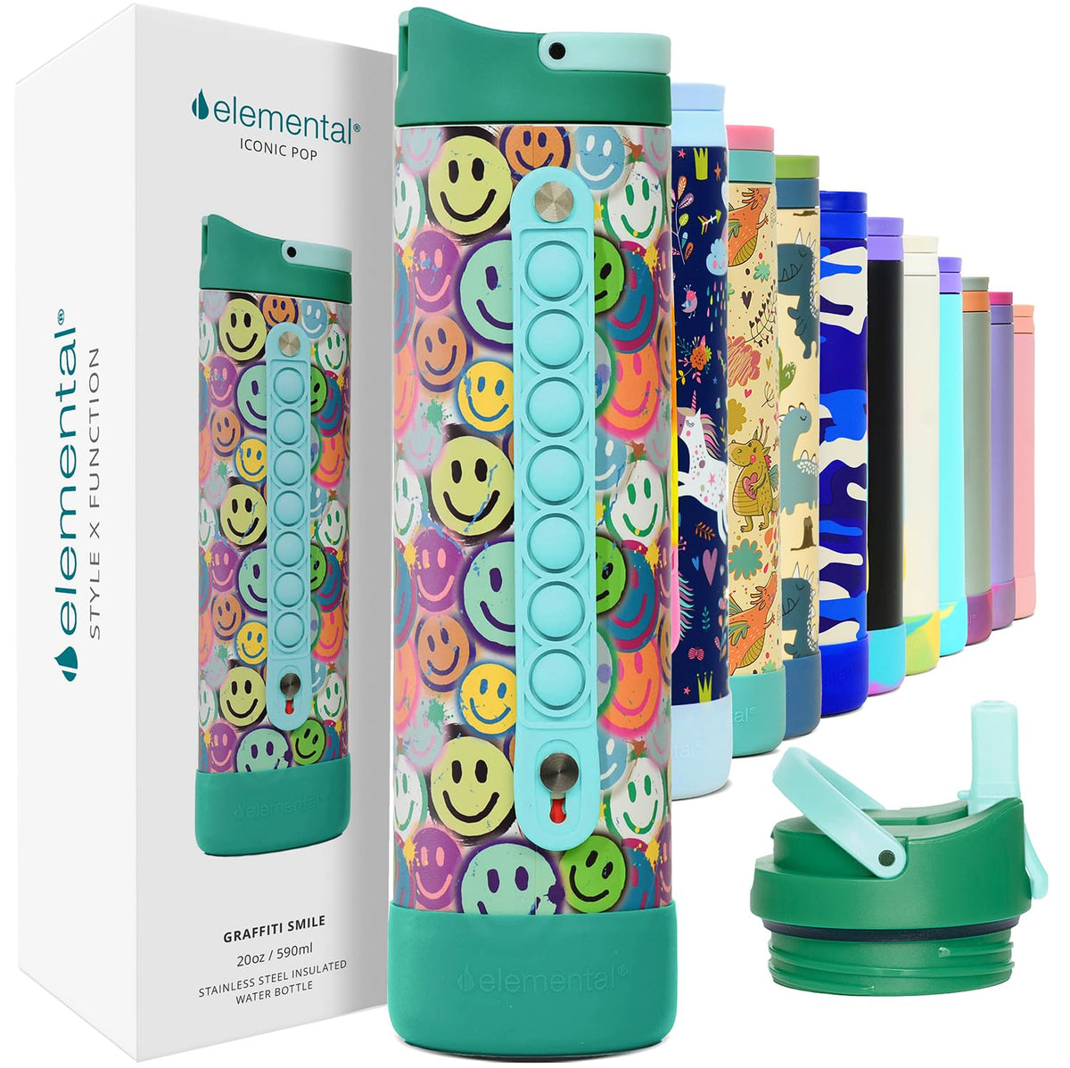 Elemental Iconic Kids Water Bottle with Pop-It handle for focused play and easy grip
