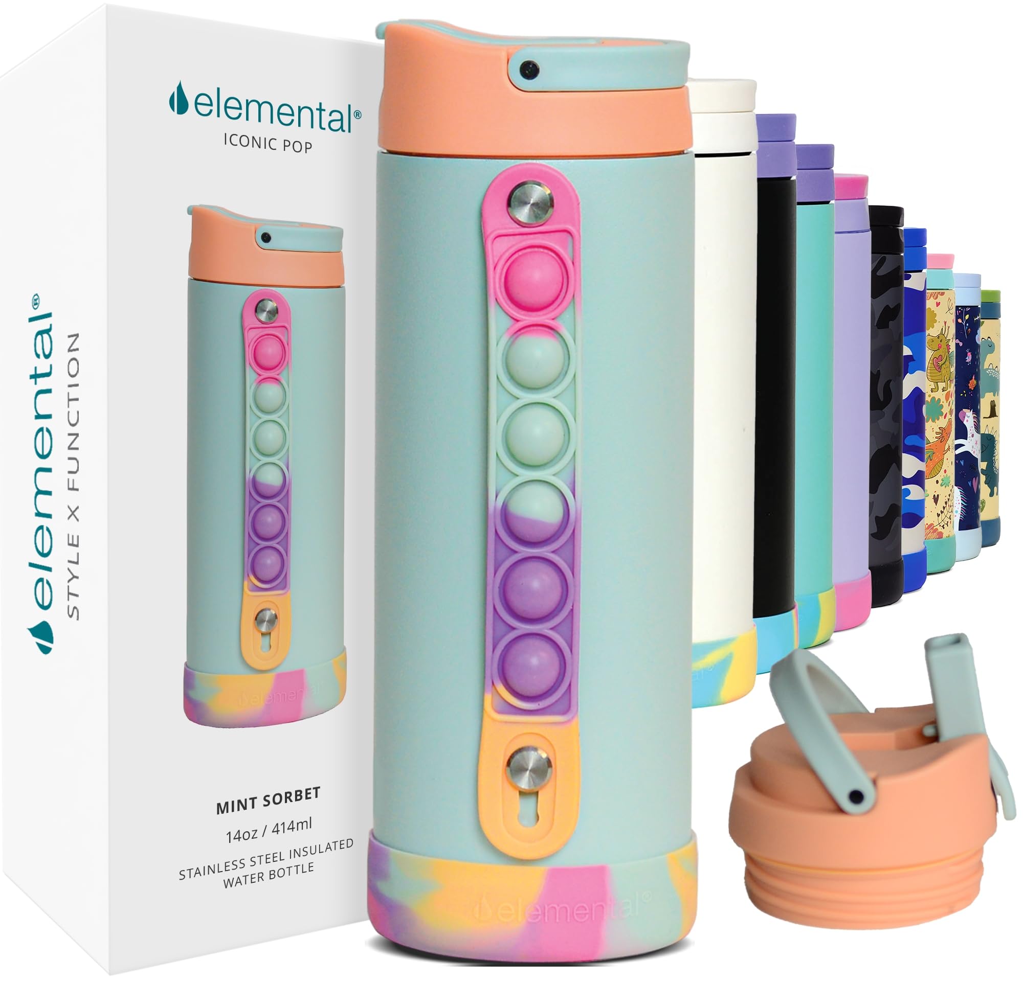 Elemental Iconic Kids Water Bottle with pop-it handle, ideal for focused play at school