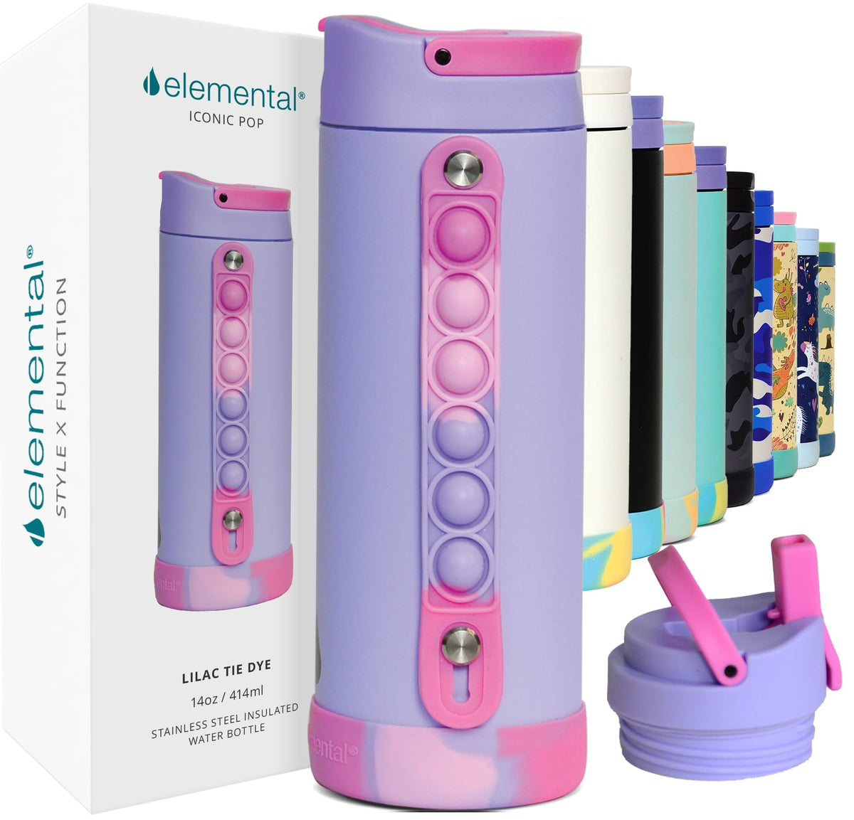 Elemental Iconic kids water bottle with pop-it handle for focused play and easy transport.