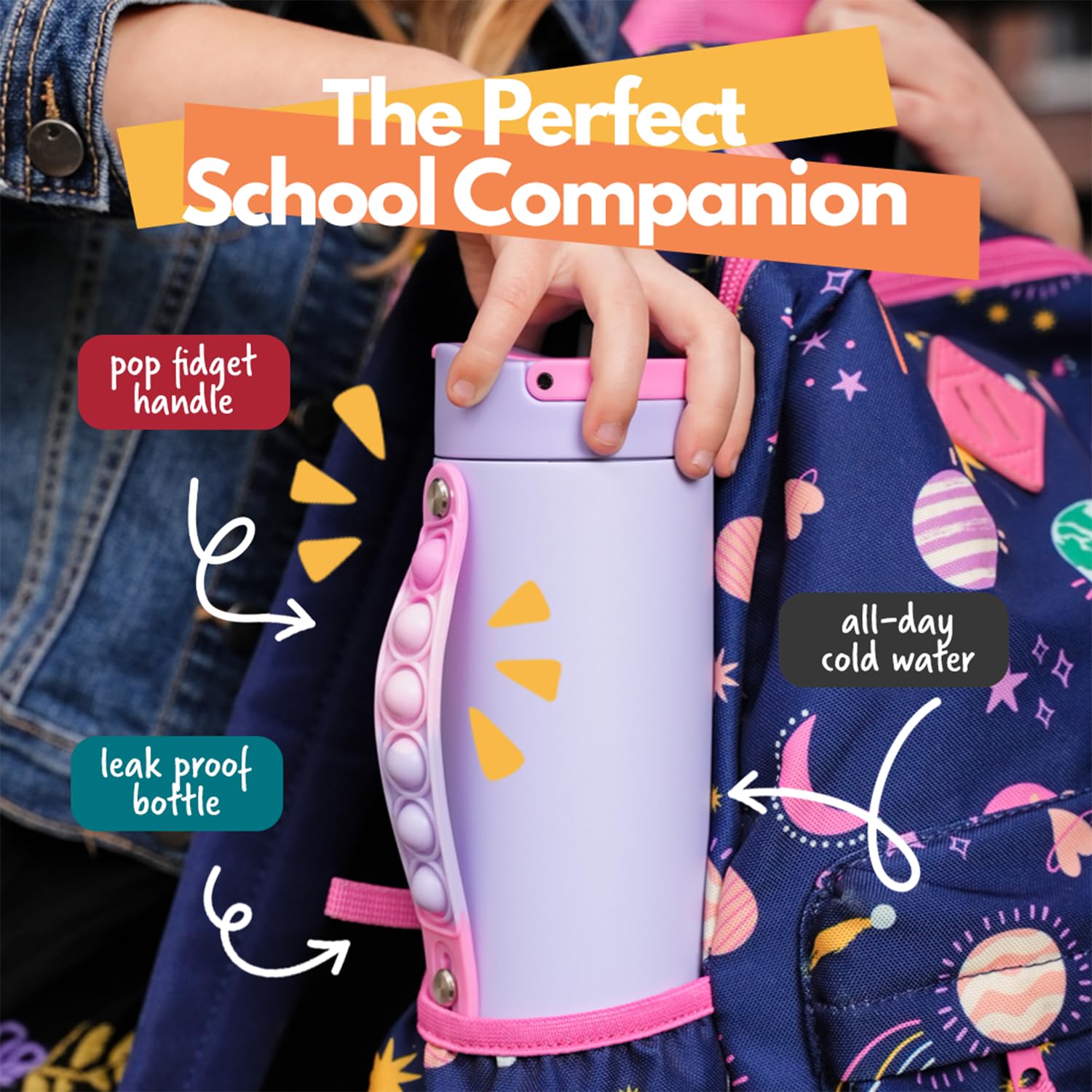 Elemental Iconic kids water bottle with straw lid for mess-free sipping at school.