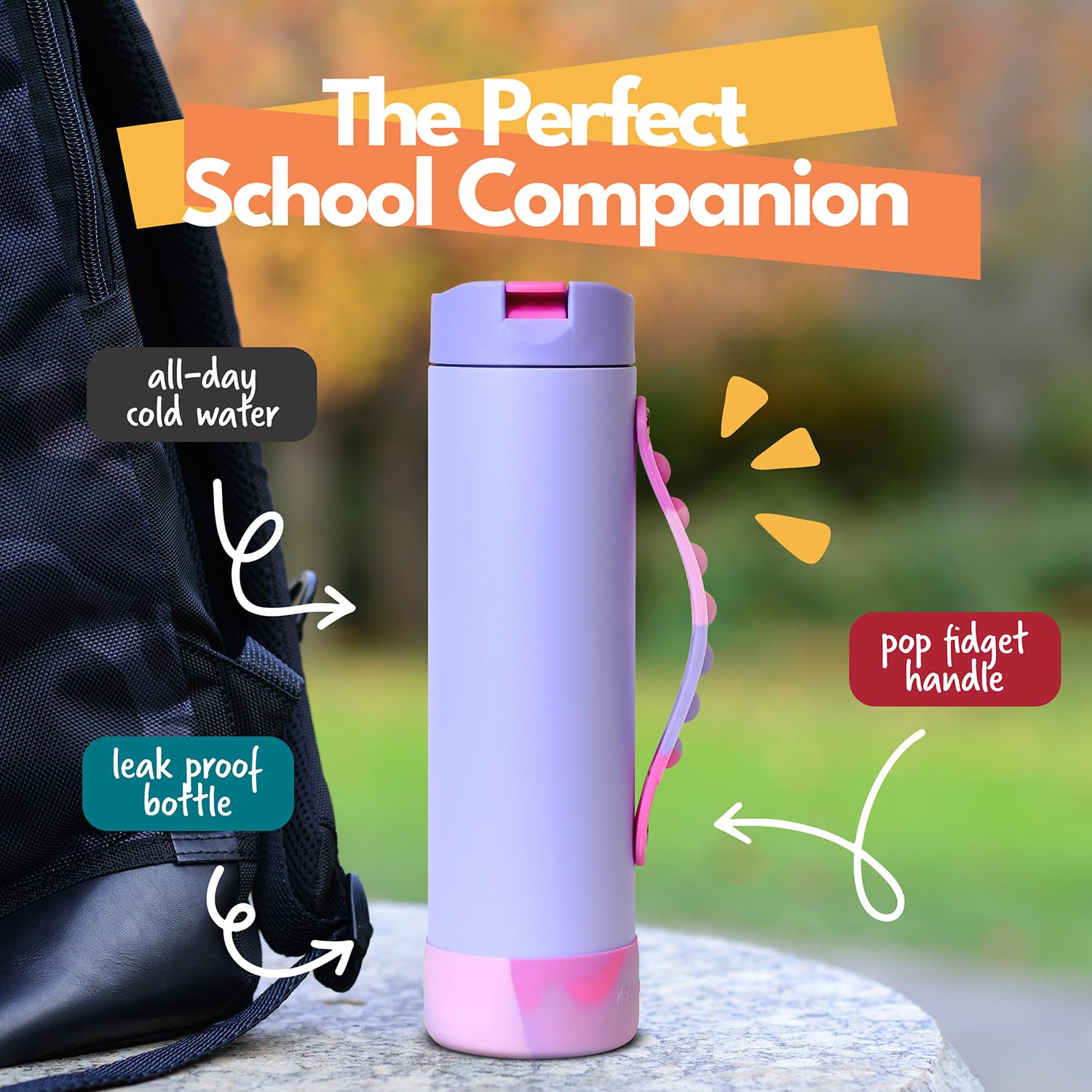 Elemental Iconic Kids Water Bottle straw lid in action on a backpack.