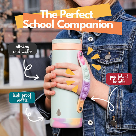 Elemental Iconic Kids Water Bottle with straw lid, prevents spills in backpacks