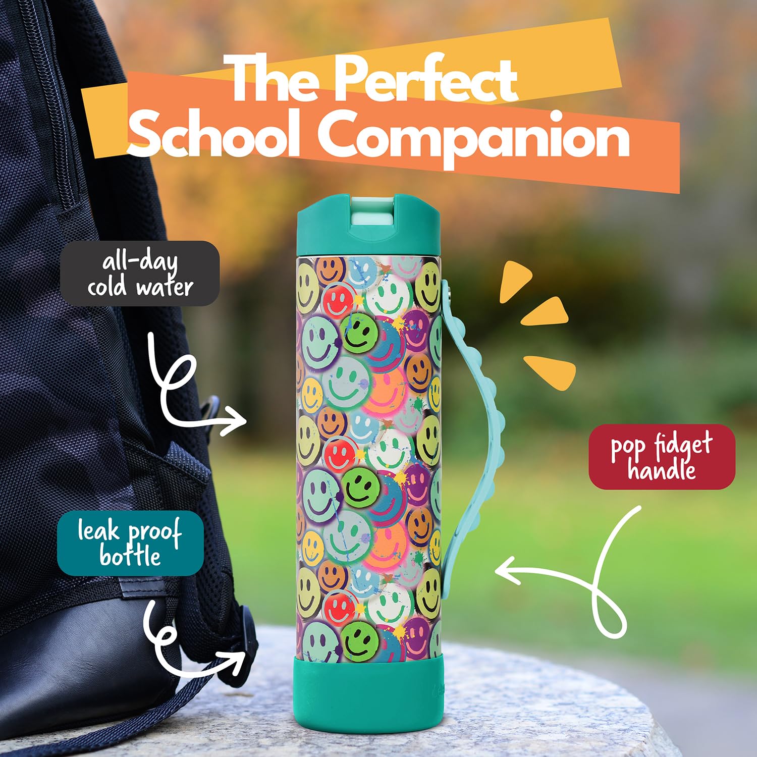 Elemental Iconic Kids Water Bottle with straw lid for quick, spill-free sipping on the go