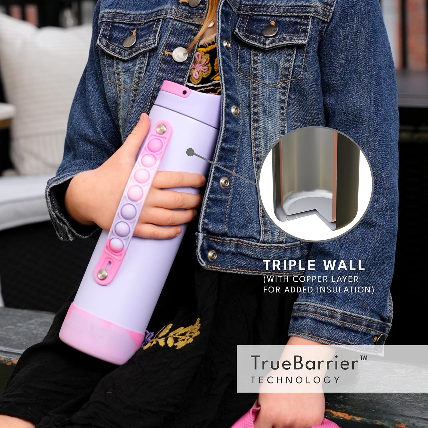 Elemental Iconic Kids Water Bottle triple-wall insulation keeps drinks cold.