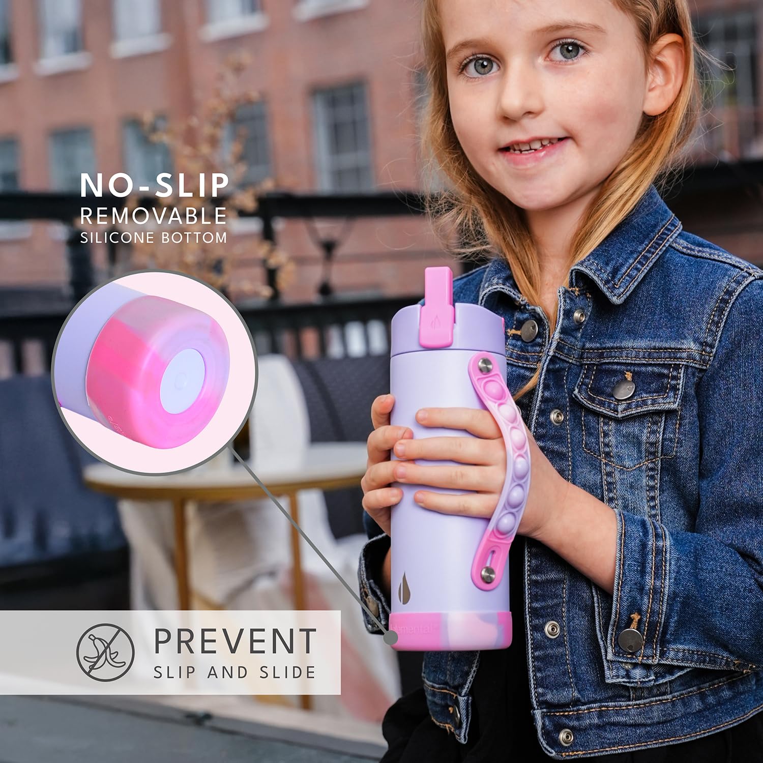 Elemental Iconic kids water bottle triple-wall insulation keeps drinks cold longer.