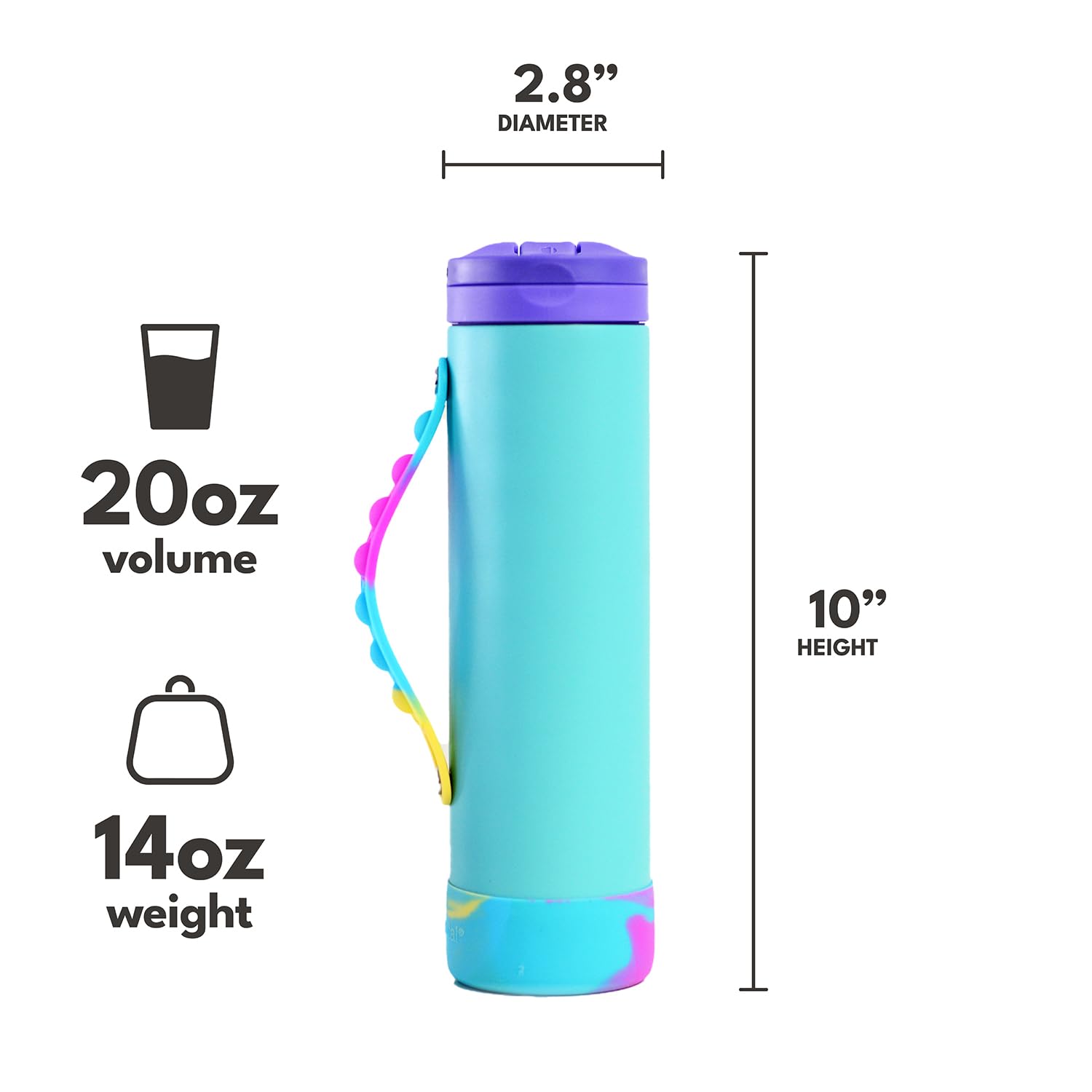 Elemental Iconic water bottle 20-ounce size fits backpacks and lunch boxes.