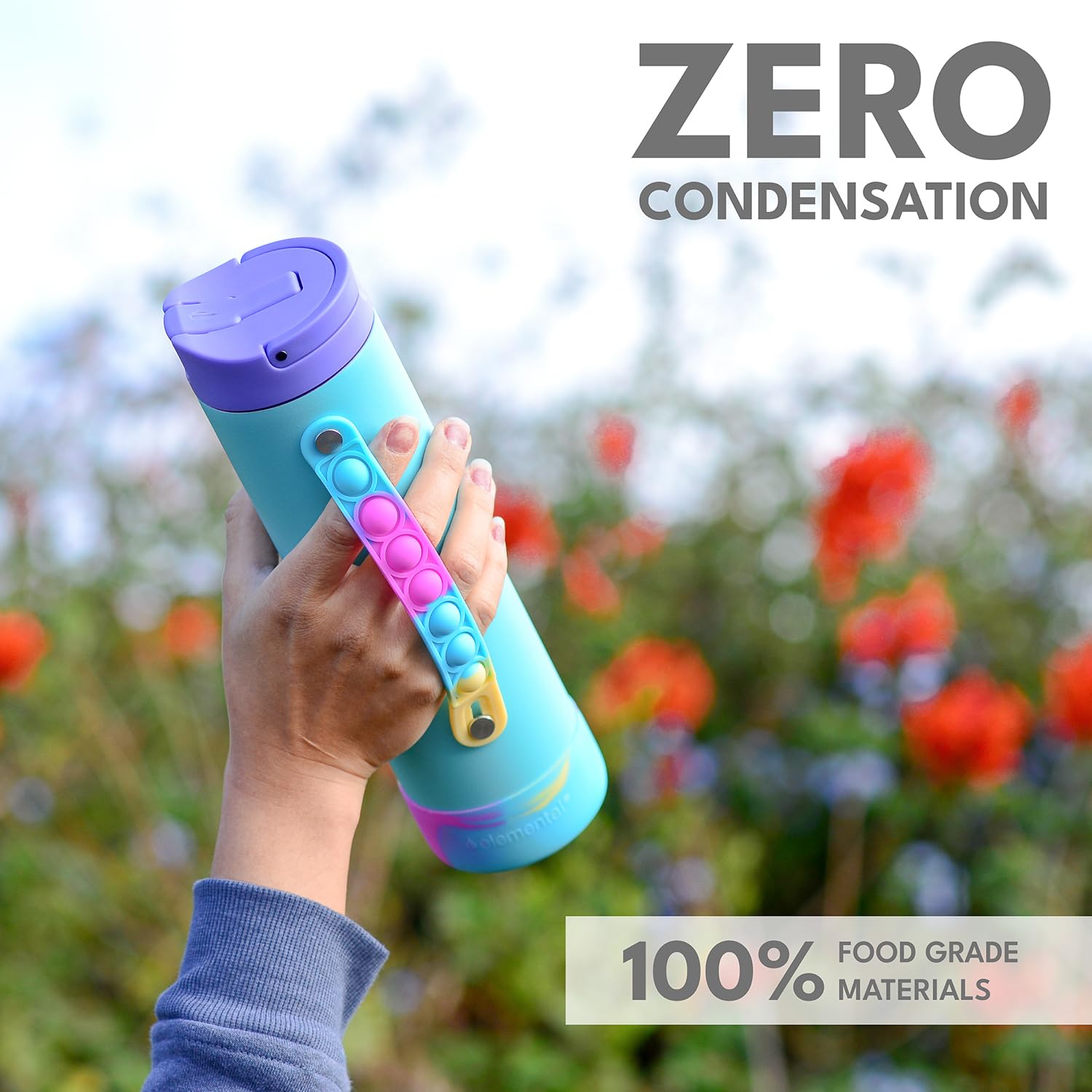 Elemental Iconic water bottle leak-proof cap for mess-free transport.