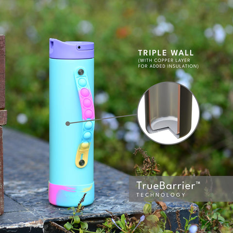 Elemental Iconic water bottle pop-it handle provides tactile focus and easy carrying.