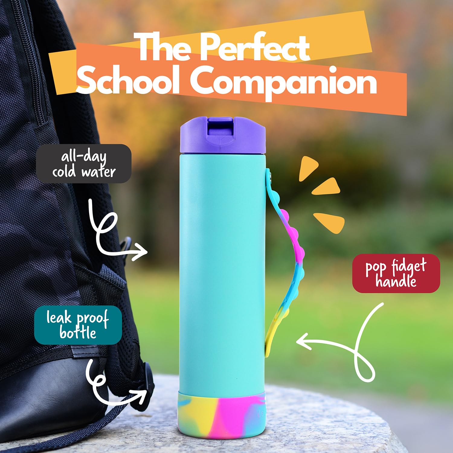 Elemental Iconic water bottle straw lid supports easy sipping and secure closure during classes.