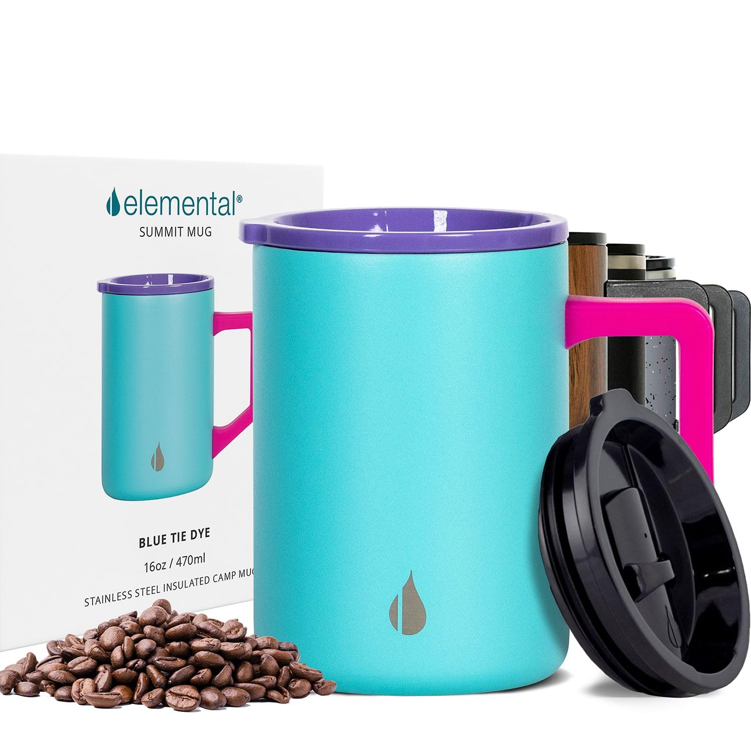 Elemental Summit mug with blue tie-dye lid keeps beverages hot or cold on the go.