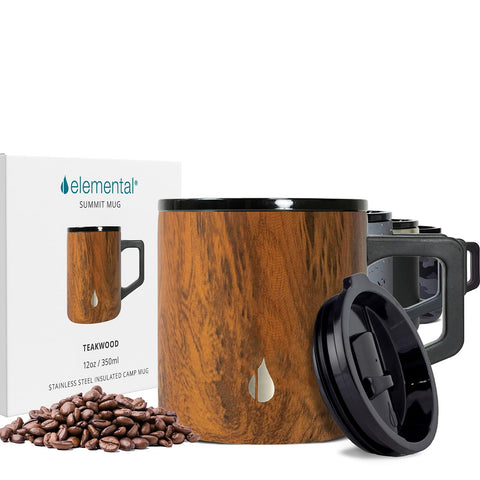 Elemental Summit mug in teakwood finish with a comfortable grip for camping.