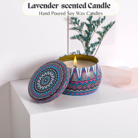 ELEMENU lavender-scented candle in colorful tin, adds calm ambiance to any room.
