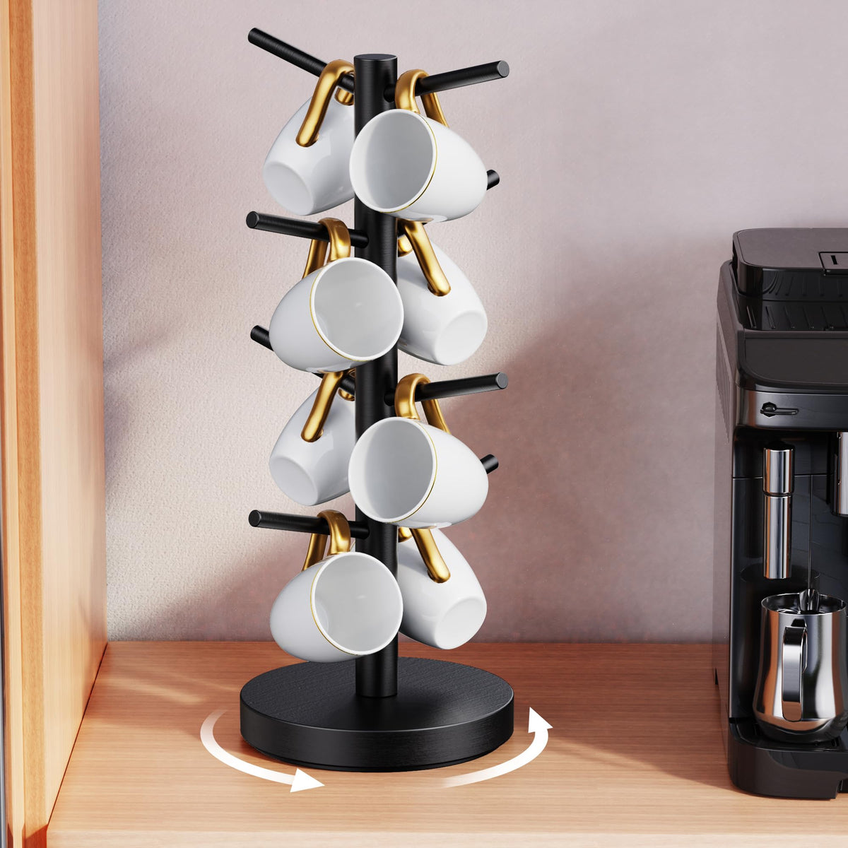 Elerator mug tree base demonstrates stable design for a crowded counter.