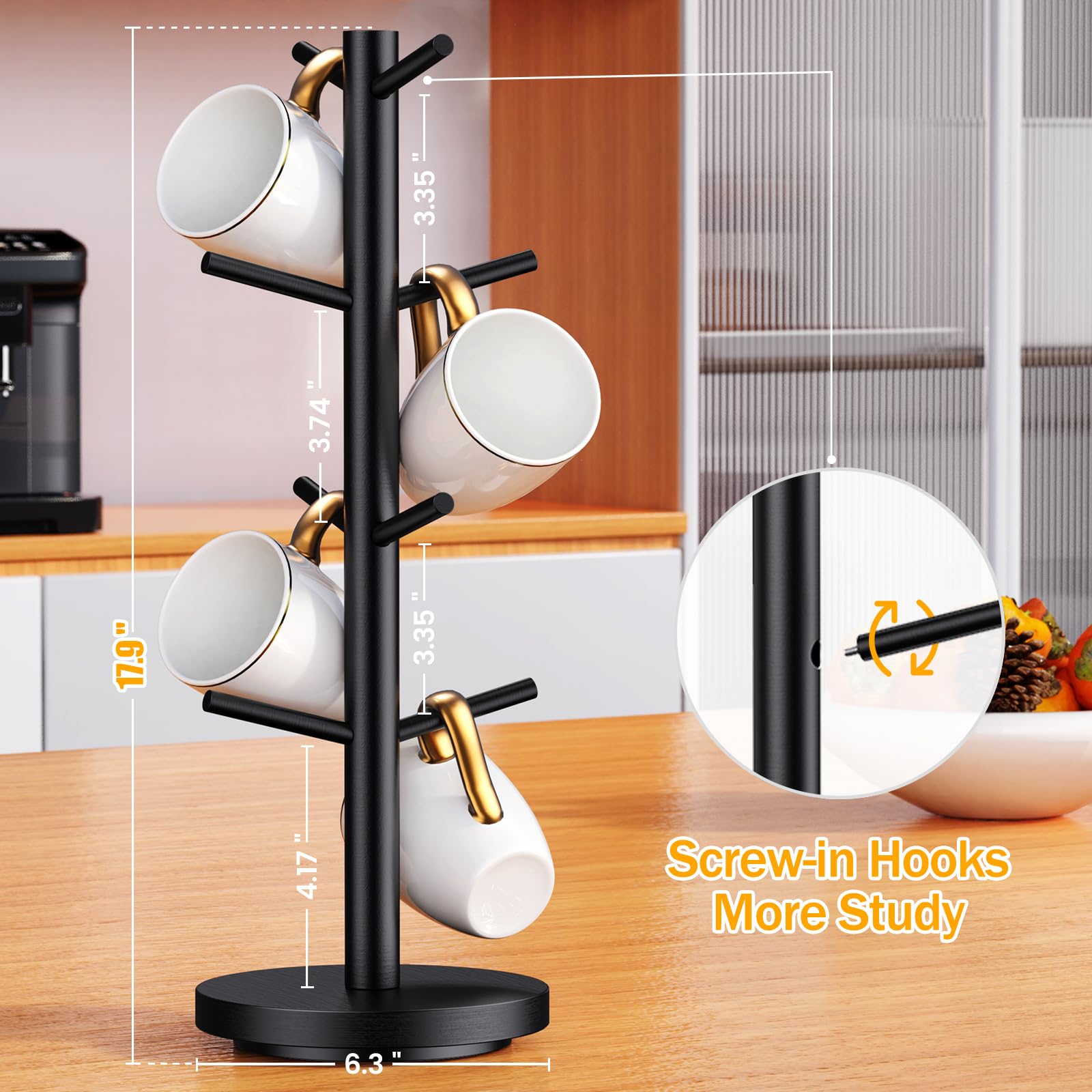 Elerator mug tree on counter saves space and adds style.