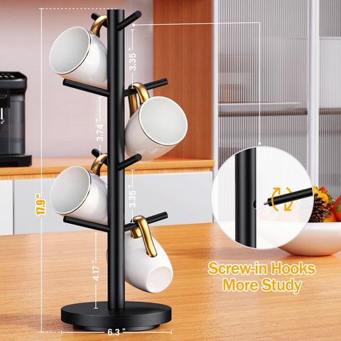 Elerator mug tree on counter saves space and adds style.
