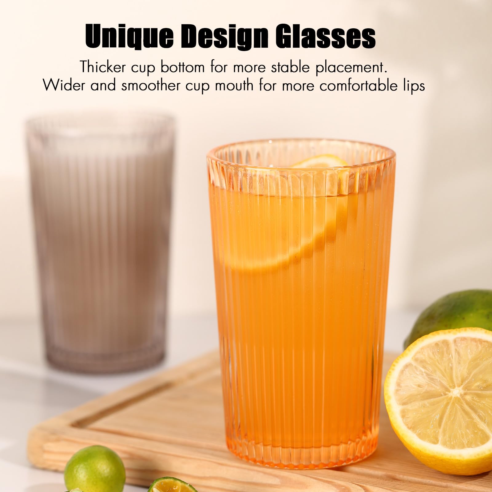 ELERGIFTS colored glassware six-pack enhances brunch with bright, easy-grip design.