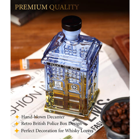 ELERGIFTS Tardis decanter on bar elevates entertaining discussions and decor.