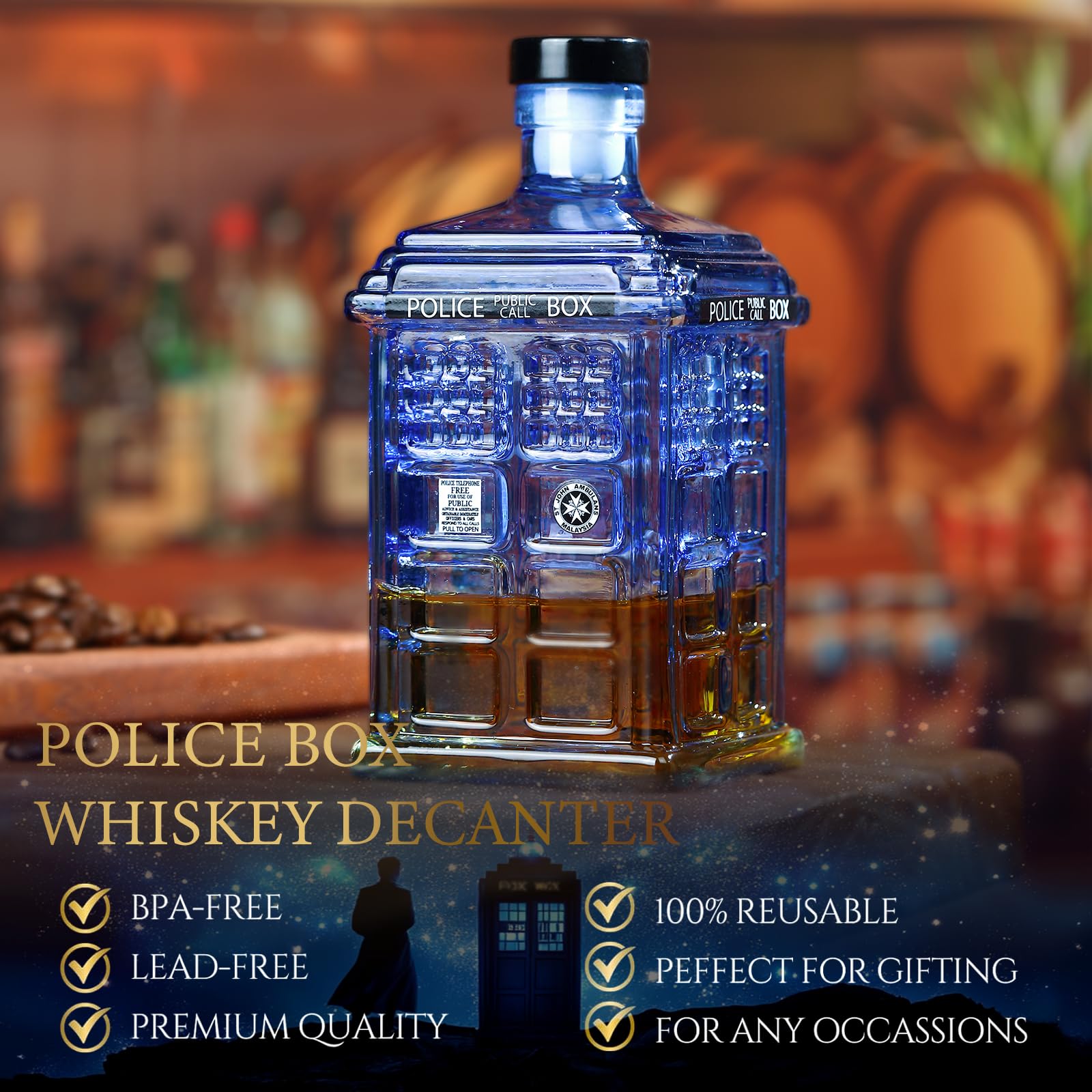 ELERGIFTS Tardis decanter side view reveals cobalt glass and light-diffusing panels.