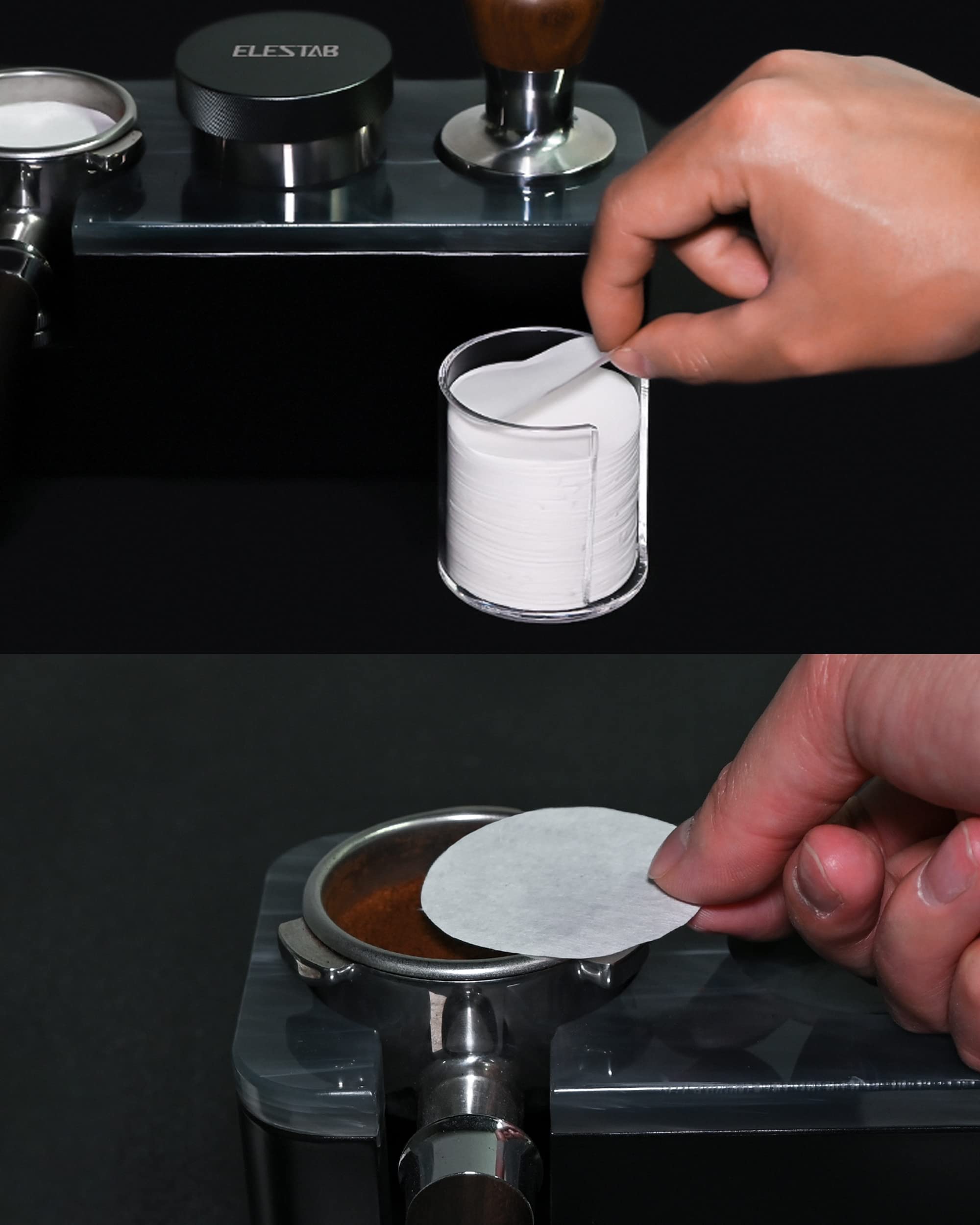 ELESTAB 58mm filter in use with coffee puck reduces mess