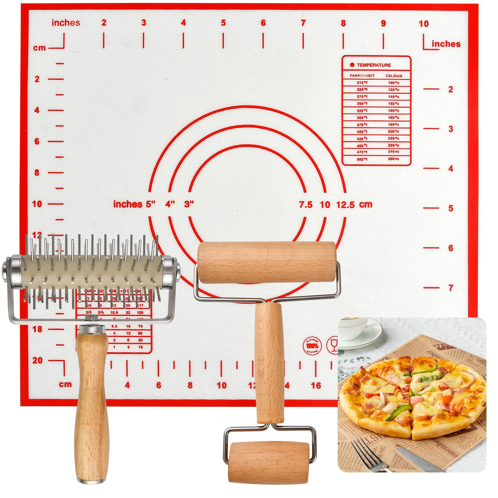 Elesunory pizza docker with 105 pins for quick, even docking of dough.