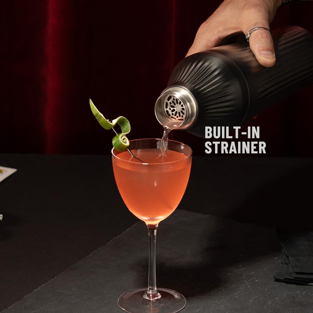 Built-in strainer on Elevated Craft shaker for smooth, professional pours