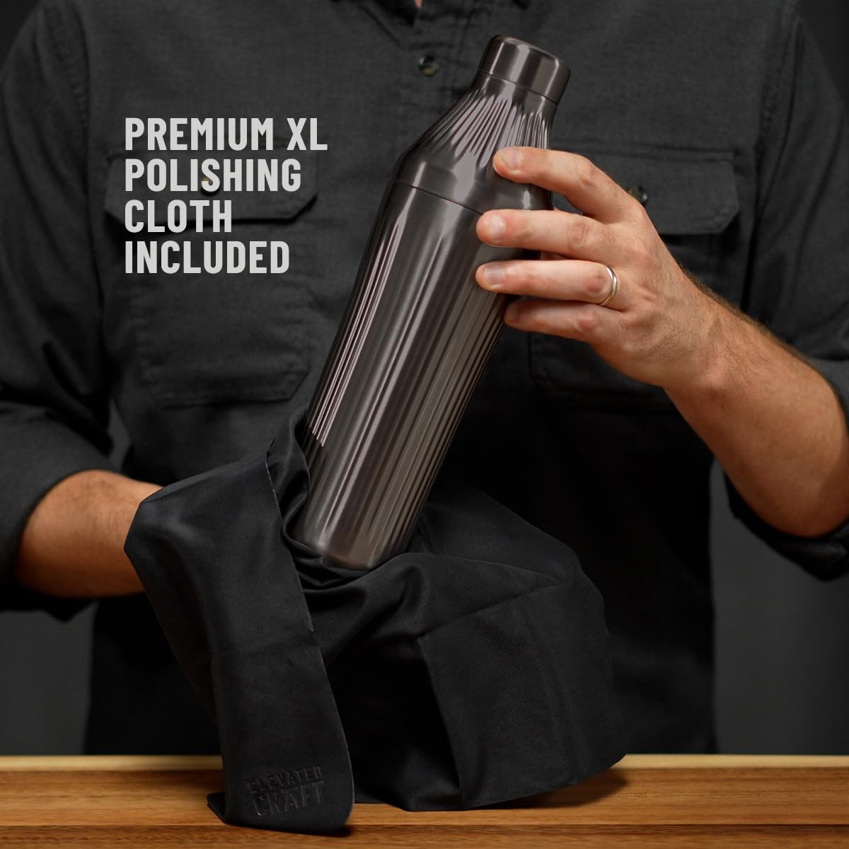 Gunmetal finish on Elevated Craft Diamond Edition shaker enhances bar aesthetics