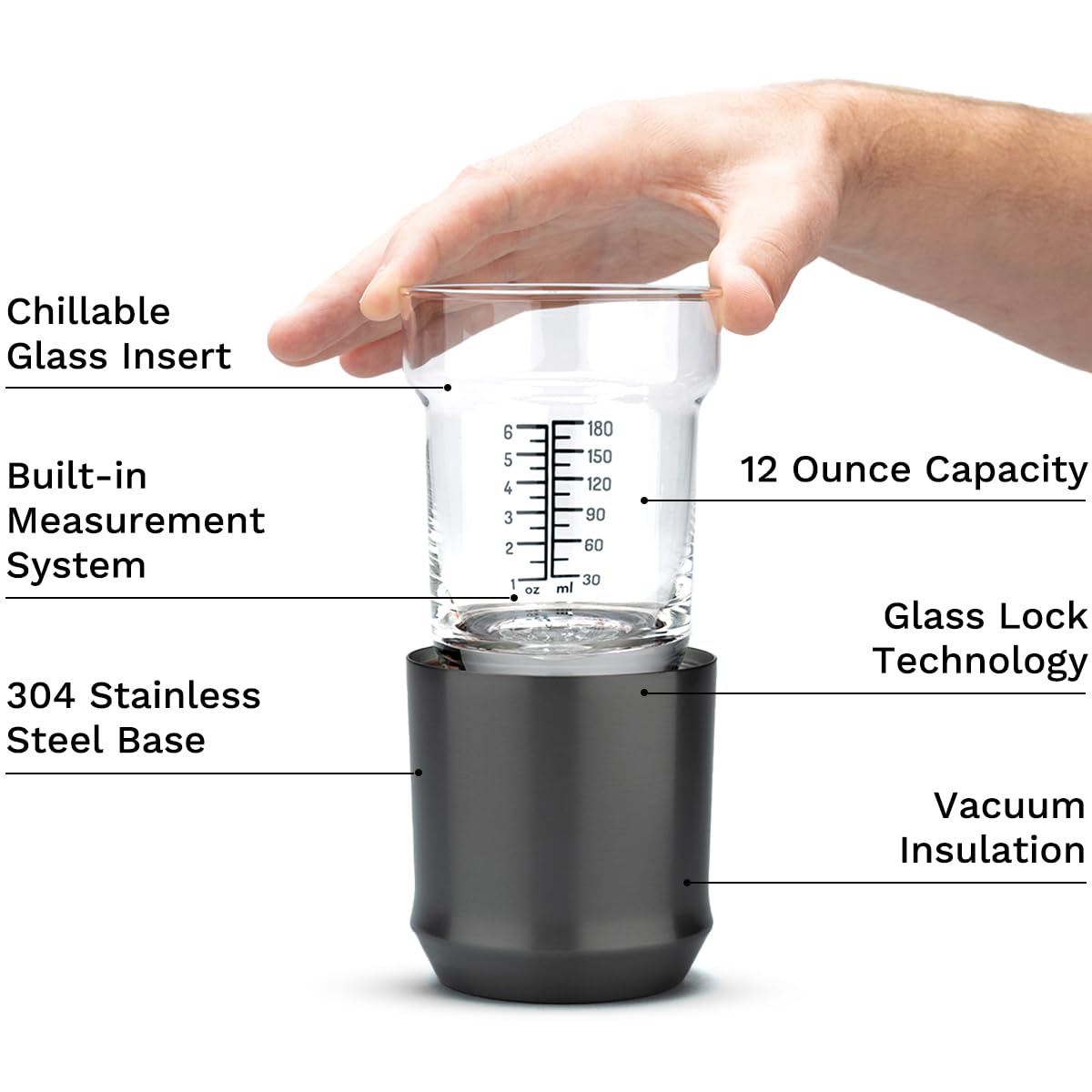 Elevated Craft Hybrid Cocktail Glass insert removal showcases easy cleaning and versatility.