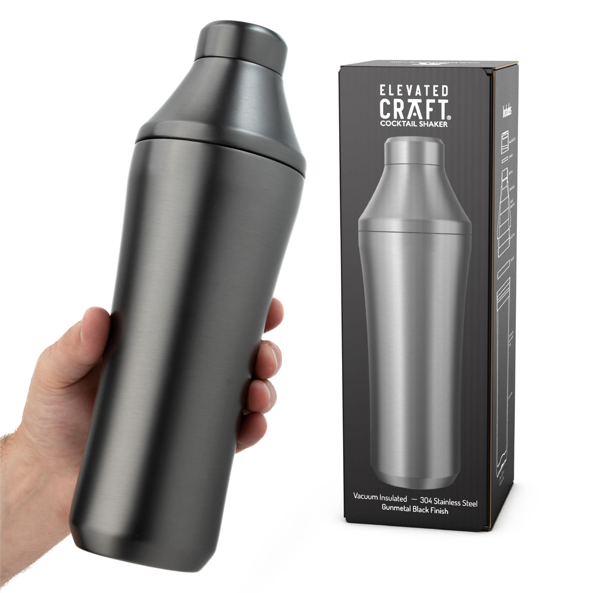 Elevated Craft Hybrid Cocktail Shaker with gunmetal finish and dual-wall insulation for cold drinks.