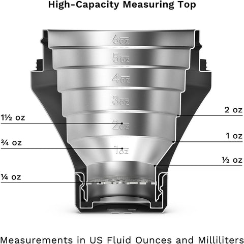 Jigger-top on Elevated Craft shaker measures 0.25 to 6 oz.