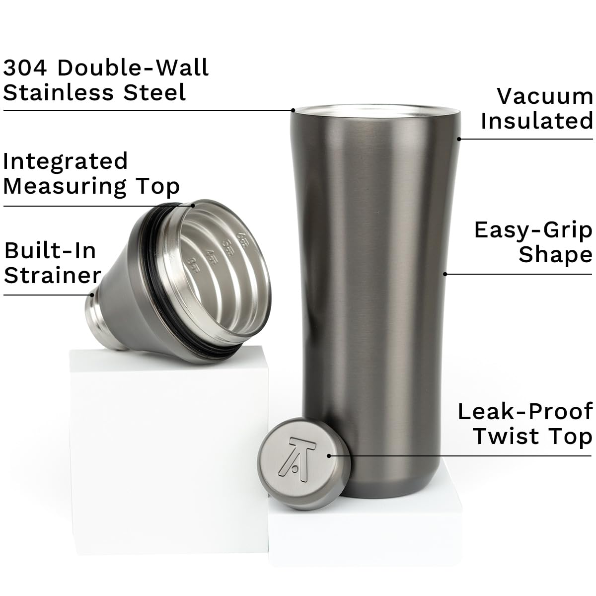 Elevated Craft shaker showing twist-lock lid for leak-proof pouring.