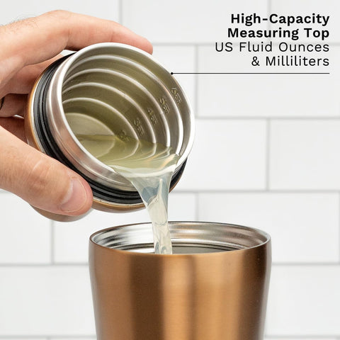 Vacuum-insulated body keeps drinks cold and hands dry.