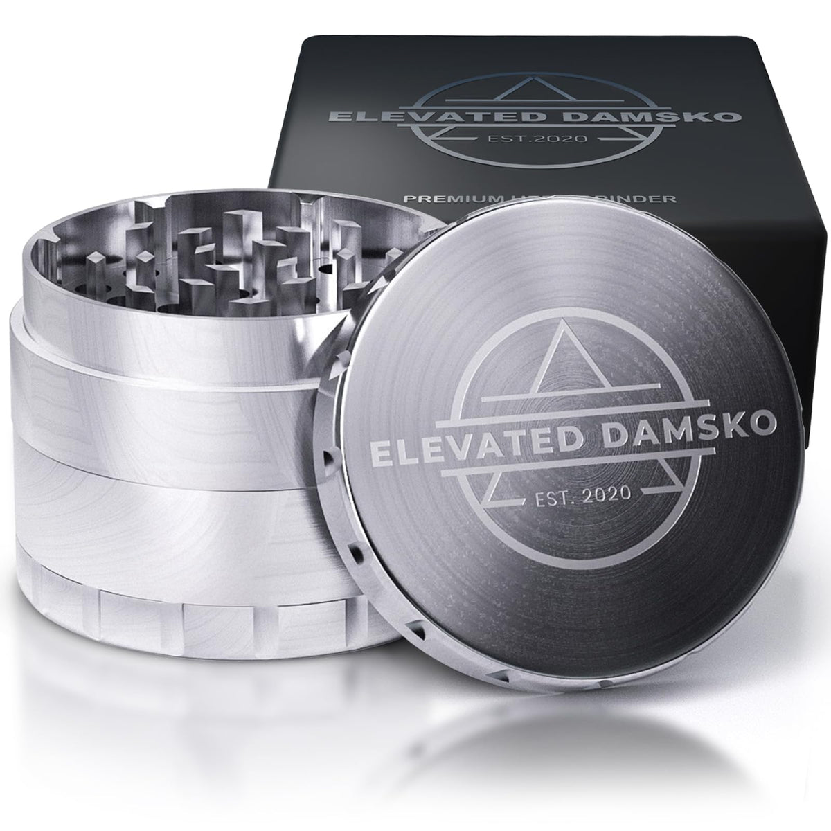 Elevated Damsko grinder in brushed stainless steel for durable daily seasoning.