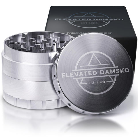 Elevated Damsko grinder in brushed stainless steel for durable daily seasoning.