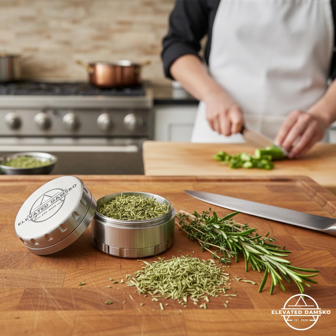 Elevated Damsko grinder demonstrates smooth turning for precise herb grinding.