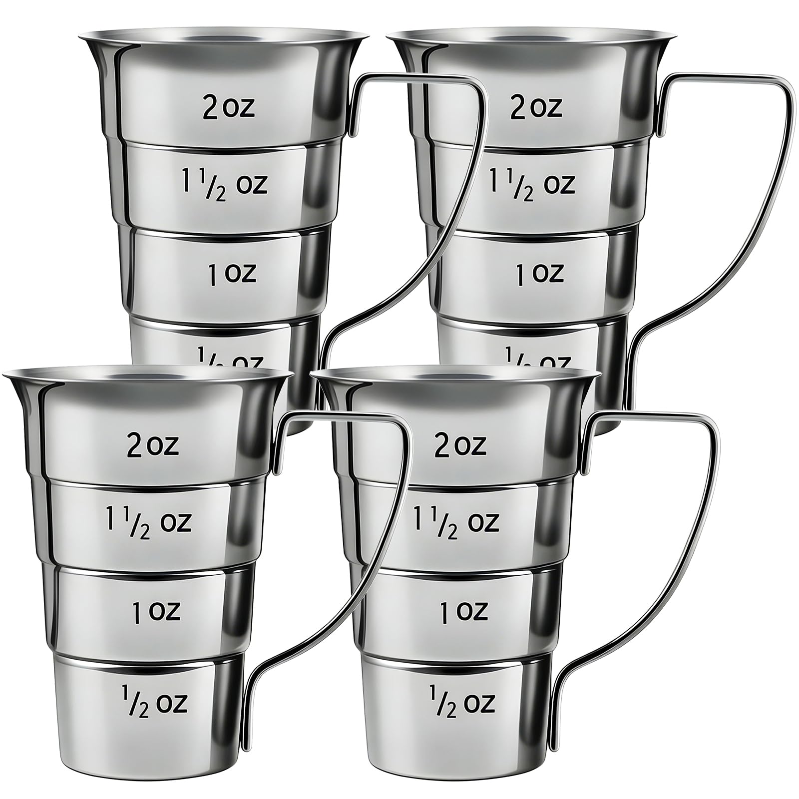 ELFULLY 4-piece stepped jiggers with handle for precise 2 oz pours in busy bars.