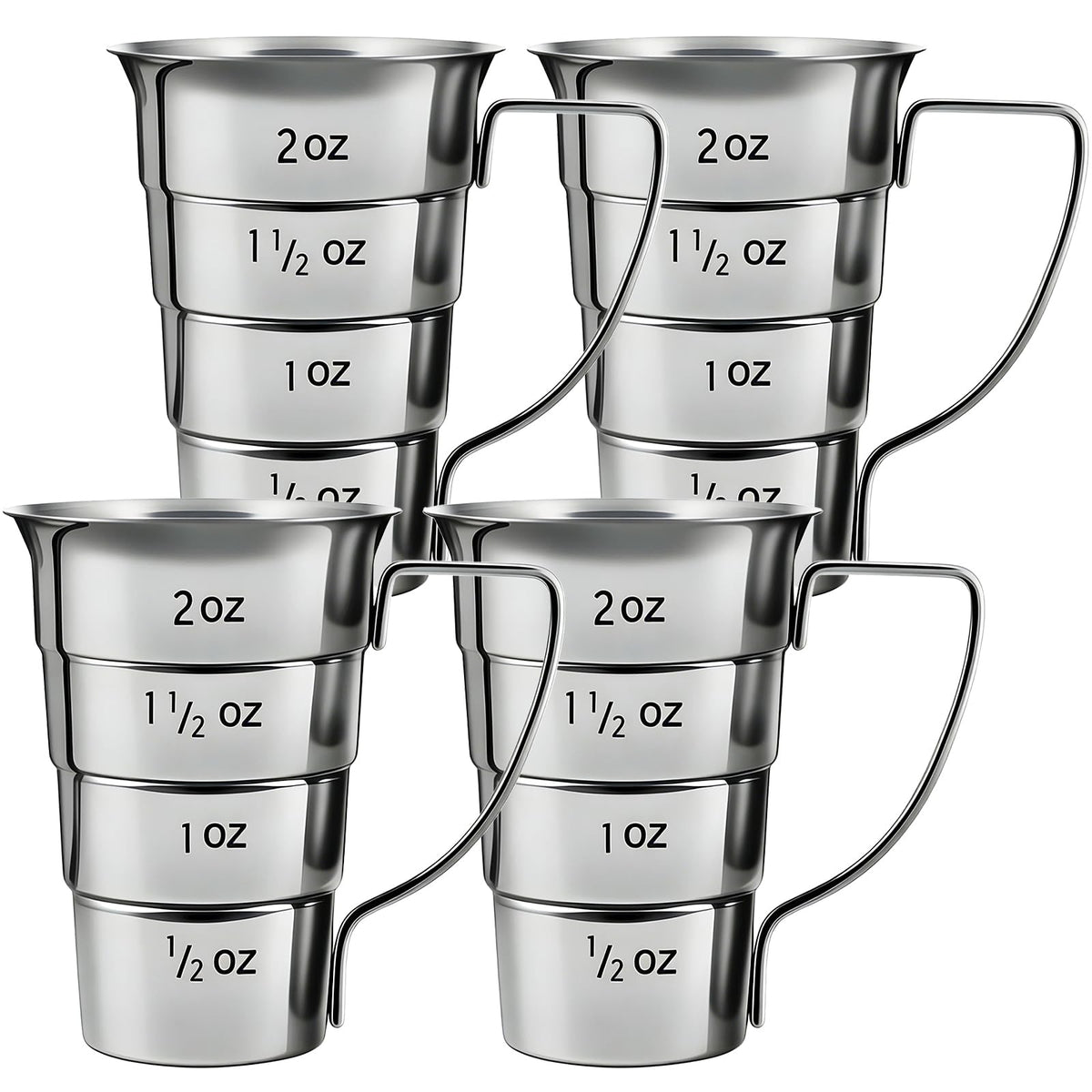 ELFULLY 4-piece stepped jiggers with handle for precise 2 oz pours in busy bars.
