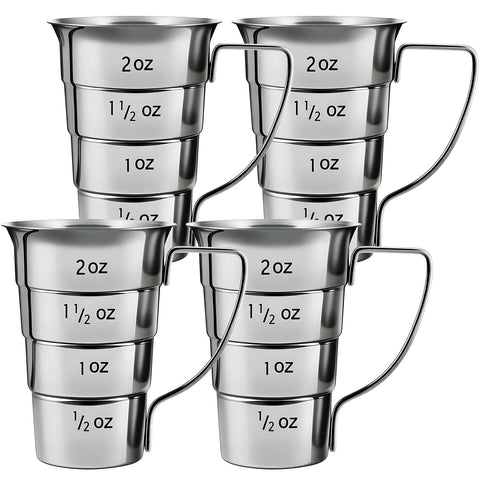 ELFULLY 4-piece stepped jiggers with handle for precise 2 oz pours in busy bars.